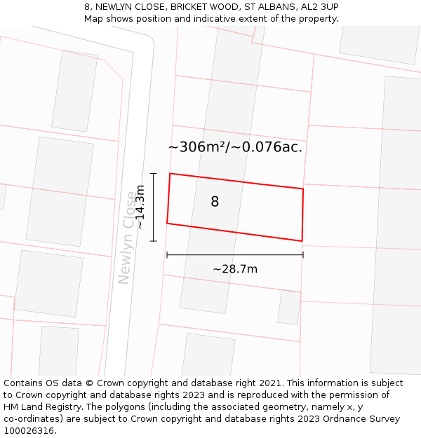 8, NEWLYN CLOSE, BRICKET WOOD, ST ALBANS, AL2 3UP: Plot and title map