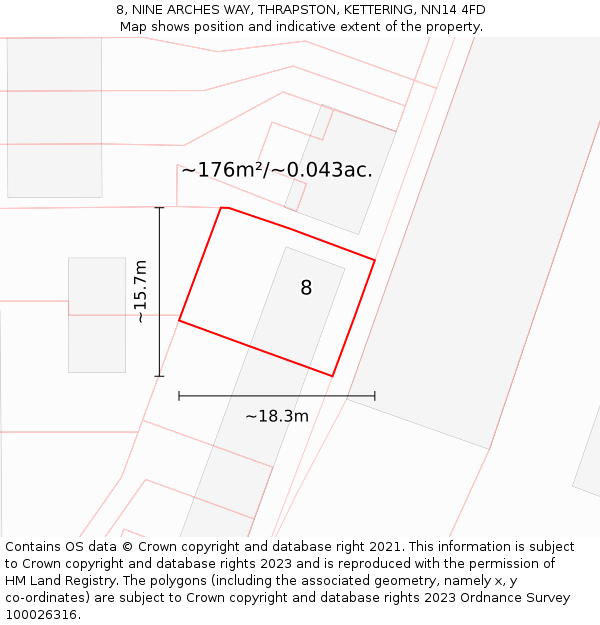 8, NINE ARCHES WAY, THRAPSTON, KETTERING, NN14 4FD: Plot and title map