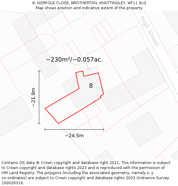 8, NORFOLK CLOSE, BROTHERTON, KNOTTINGLEY, WF11 9LQ: Plot and title map