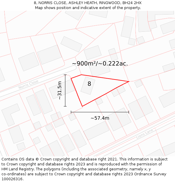 8, NORRIS CLOSE, ASHLEY HEATH, RINGWOOD, BH24 2HX: Plot and title map