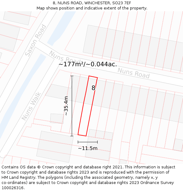 8, NUNS ROAD, WINCHESTER, SO23 7EF: Plot and title map