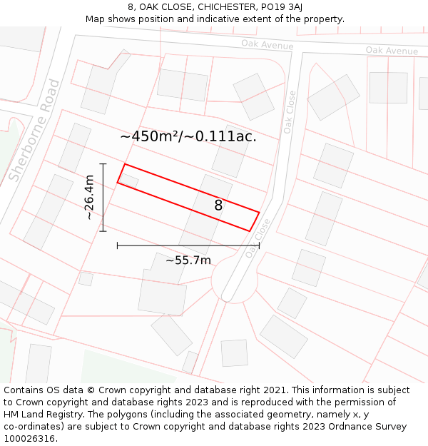 8, OAK CLOSE, CHICHESTER, PO19 3AJ: Plot and title map