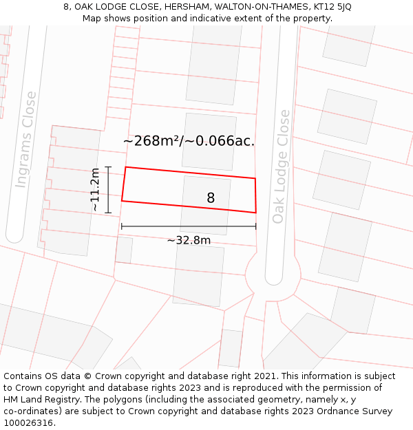 8, OAK LODGE CLOSE, HERSHAM, WALTON-ON-THAMES, KT12 5JQ: Plot and title map