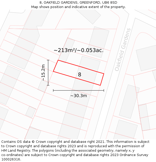 8, OAKFIELD GARDENS, GREENFORD, UB6 8SD: Plot and title map