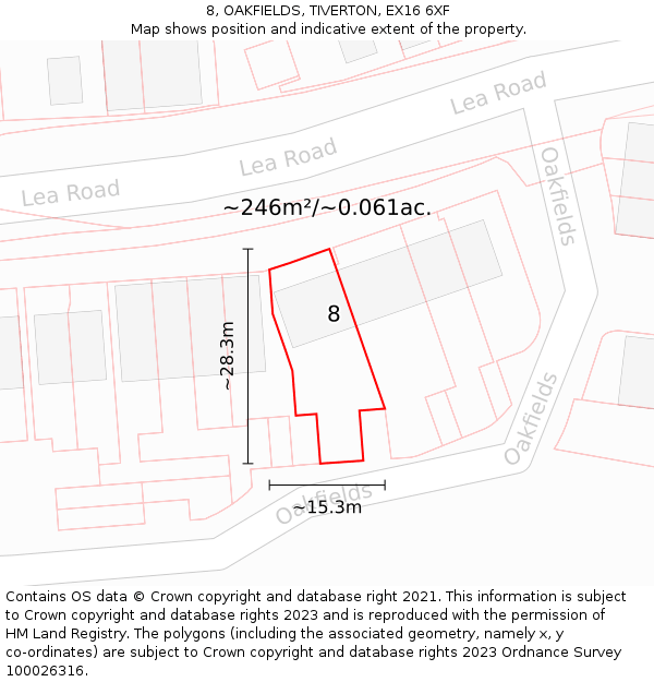 8, OAKFIELDS, TIVERTON, EX16 6XF: Plot and title map