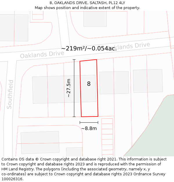 8, OAKLANDS DRIVE, SALTASH, PL12 4LY: Plot and title map