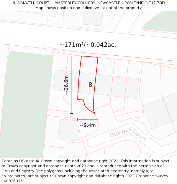 8, OAKWELL COURT, HAMSTERLEY COLLIERY, NEWCASTLE UPON TYNE, NE17 7BD: Plot and title map