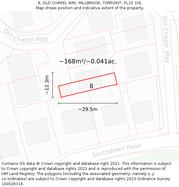 8, OLD CHAPEL WAY, MILLBROOK, TORPOINT, PL10 1HL: Plot and title map