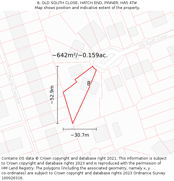 8, OLD SOUTH CLOSE, HATCH END, PINNER, HA5 4TW: Plot and title map