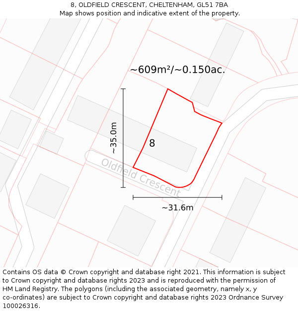 8, OLDFIELD CRESCENT, CHELTENHAM, GL51 7BA: Plot and title map