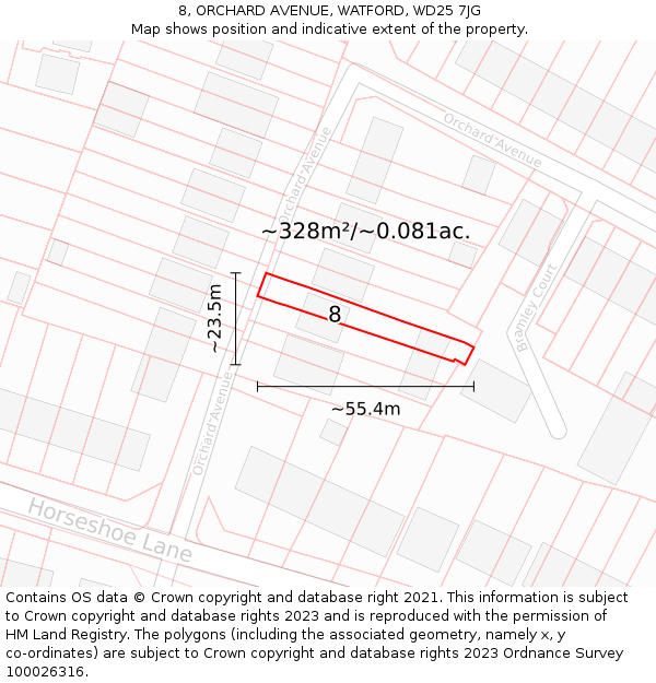 8, ORCHARD AVENUE, WATFORD, WD25 7JG: Plot and title map