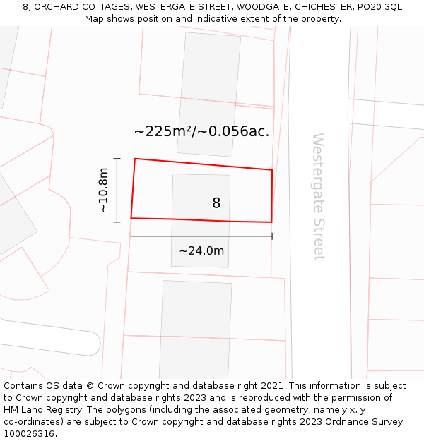 8, ORCHARD COTTAGES, WESTERGATE STREET, WOODGATE, CHICHESTER, PO20 3QL: Plot and title map