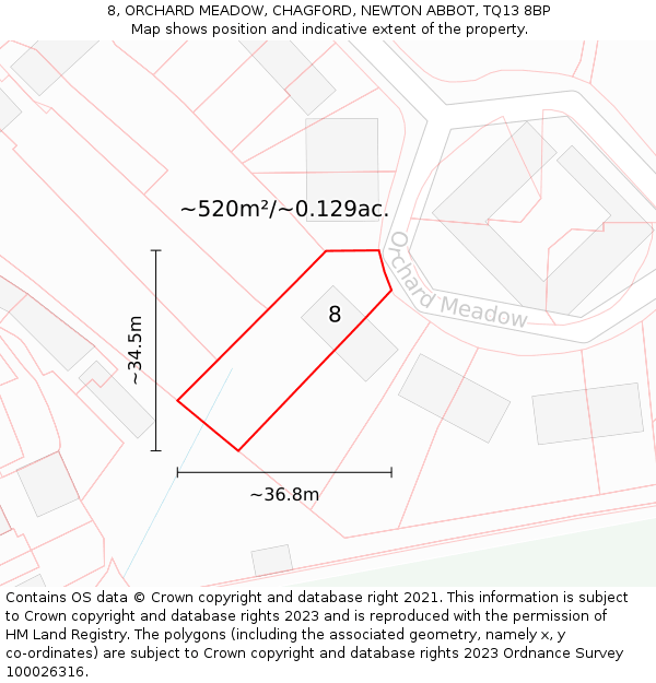 8, ORCHARD MEADOW, CHAGFORD, NEWTON ABBOT, TQ13 8BP: Plot and title map