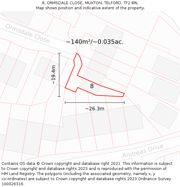 8, ORMSDALE CLOSE, MUXTON, TELFORD, TF2 8RL: Plot and title map