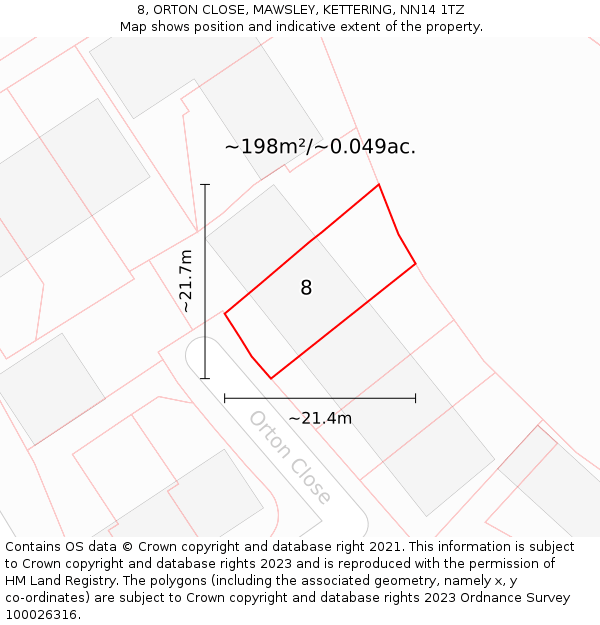 8, ORTON CLOSE, MAWSLEY, KETTERING, NN14 1TZ: Plot and title map