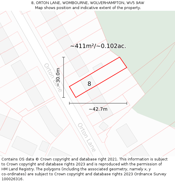 8, ORTON LANE, WOMBOURNE, WOLVERHAMPTON, WV5 9AW: Plot and title map