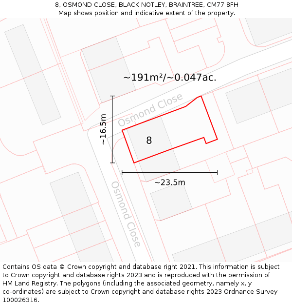 8, OSMOND CLOSE, BLACK NOTLEY, BRAINTREE, CM77 8FH: Plot and title map