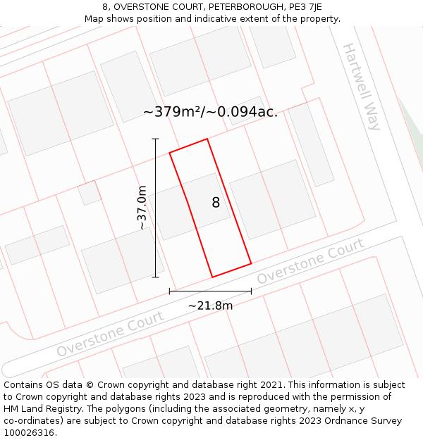 8, OVERSTONE COURT, PETERBOROUGH, PE3 7JE: Plot and title map