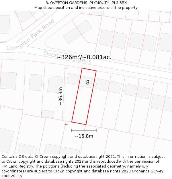 8, OVERTON GARDENS, PLYMOUTH, PL3 5BX: Plot and title map