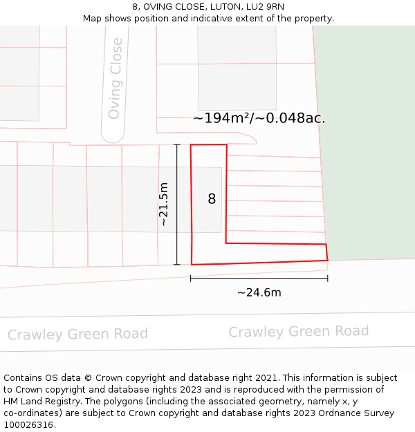 8, OVING CLOSE, LUTON, LU2 9RN: Plot and title map