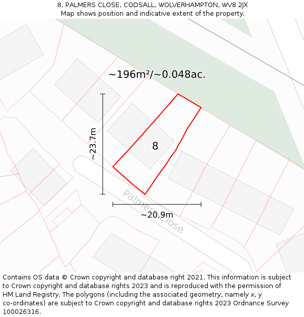 8, PALMERS CLOSE, CODSALL, WOLVERHAMPTON, WV8 2JX: Plot and title map
