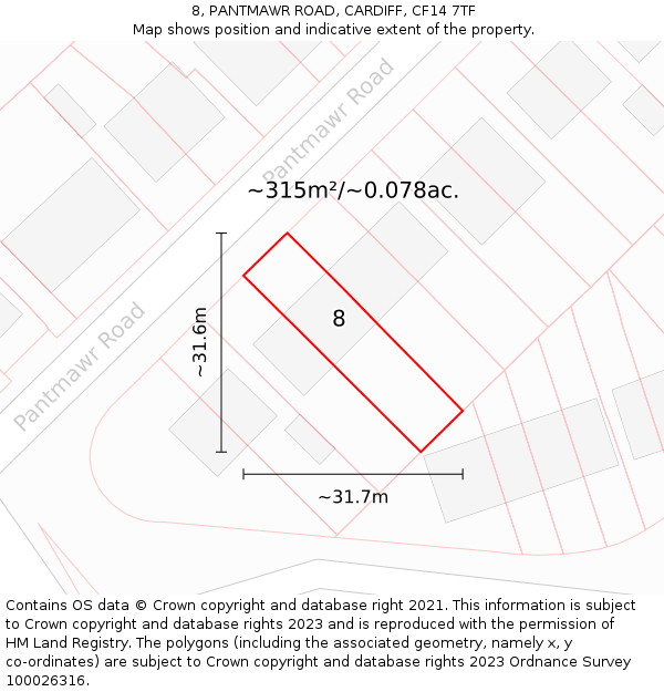 8, PANTMAWR ROAD, CARDIFF, CF14 7TF: Plot and title map