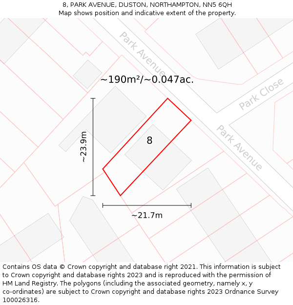 8, PARK AVENUE, DUSTON, NORTHAMPTON, NN5 6QH: Plot and title map