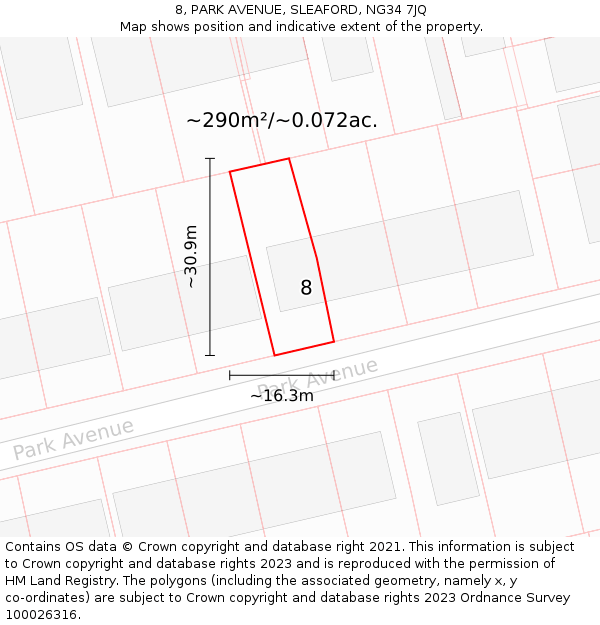 8, PARK AVENUE, SLEAFORD, NG34 7JQ: Plot and title map