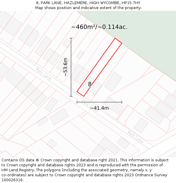 8, PARK LANE, HAZLEMERE, HIGH WYCOMBE, HP15 7HY: Plot and title map