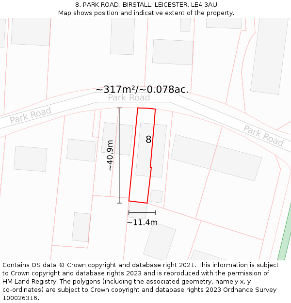 8, PARK ROAD, BIRSTALL, LEICESTER, LE4 3AU: Plot and title map