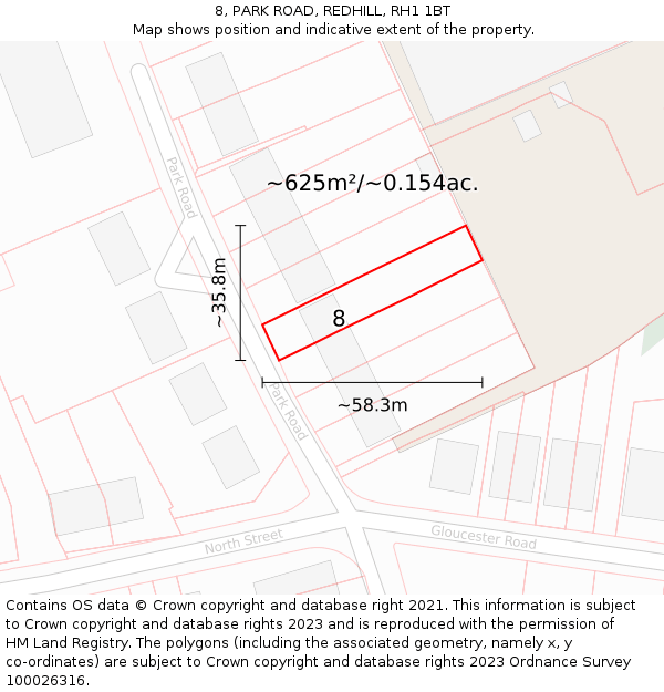 8, PARK ROAD, REDHILL, RH1 1BT: Plot and title map