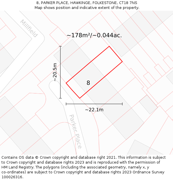 8, PARKER PLACE, HAWKINGE, FOLKESTONE, CT18 7NS: Plot and title map