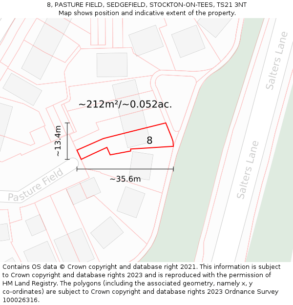 8, PASTURE FIELD, SEDGEFIELD, STOCKTON-ON-TEES, TS21 3NT: Plot and title map