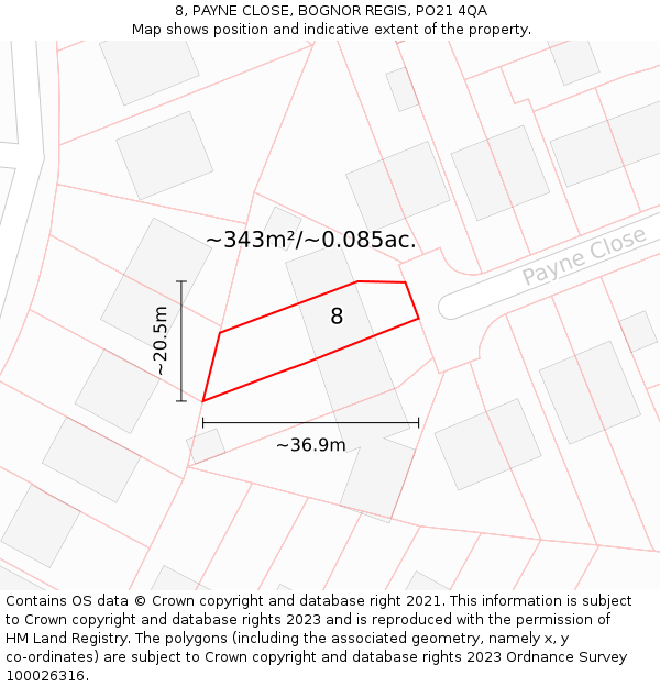 8, PAYNE CLOSE, BOGNOR REGIS, PO21 4QA: Plot and title map