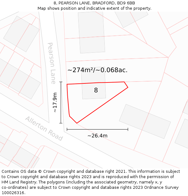 8, PEARSON LANE, BRADFORD, BD9 6BB: Plot and title map