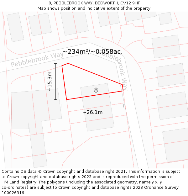 8, PEBBLEBROOK WAY, BEDWORTH, CV12 9HF: Plot and title map