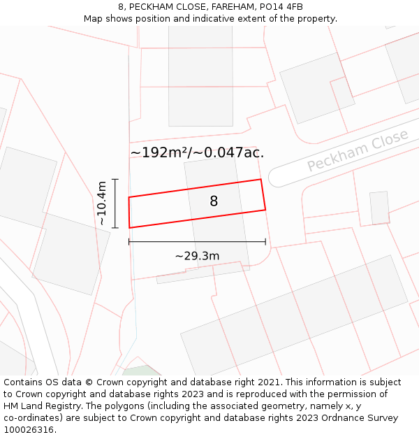 8, PECKHAM CLOSE, FAREHAM, PO14 4FB: Plot and title map