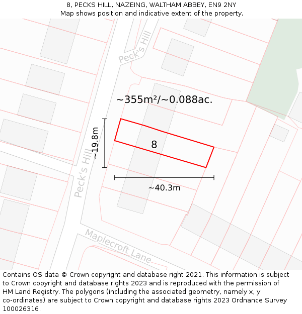 8, PECKS HILL, NAZEING, WALTHAM ABBEY, EN9 2NY: Plot and title map