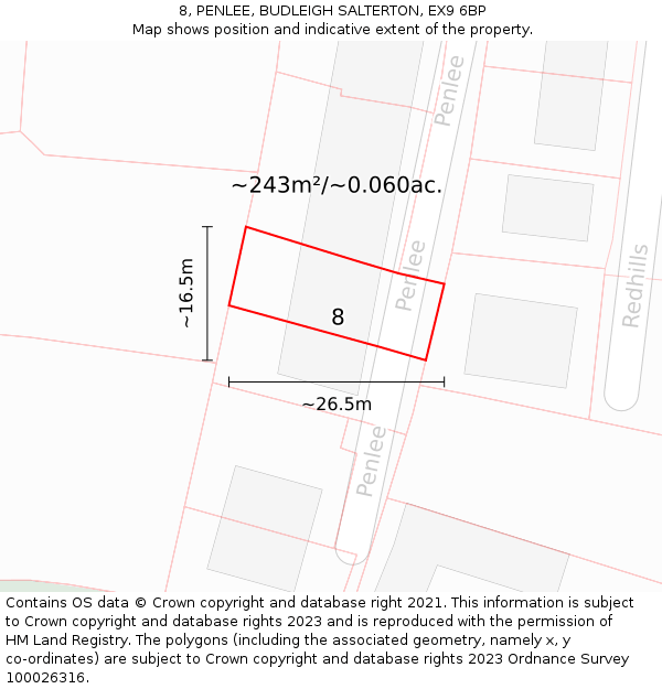 8, PENLEE, BUDLEIGH SALTERTON, EX9 6BP: Plot and title map