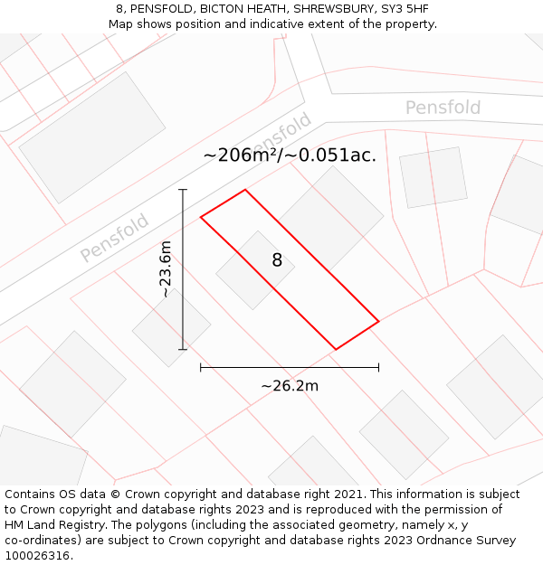 8, PENSFOLD, BICTON HEATH, SHREWSBURY, SY3 5HF: Plot and title map
