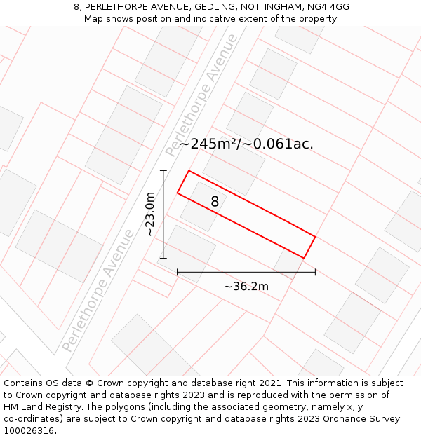 8, PERLETHORPE AVENUE, GEDLING, NOTTINGHAM, NG4 4GG: Plot and title map