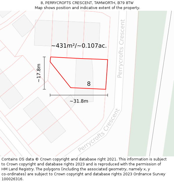 8, PERRYCROFTS CRESCENT, TAMWORTH, B79 8TW: Plot and title map