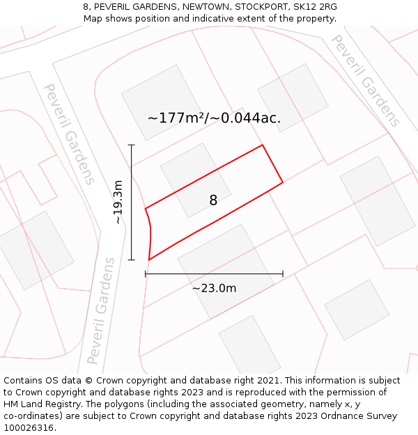 8, PEVERIL GARDENS, NEWTOWN, STOCKPORT, SK12 2RG: Plot and title map