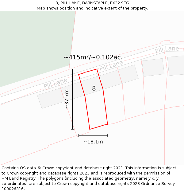 8, PILL LANE, BARNSTAPLE, EX32 9EG: Plot and title map