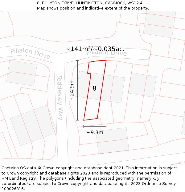 8, PILLATON DRIVE, HUNTINGTON, CANNOCK, WS12 4UU: Plot and title map