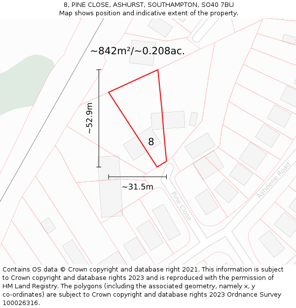 8, PINE CLOSE, ASHURST, SOUTHAMPTON, SO40 7BU: Plot and title map