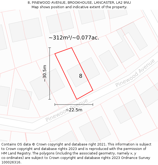 8, PINEWOOD AVENUE, BROOKHOUSE, LANCASTER, LA2 9NU: Plot and title map