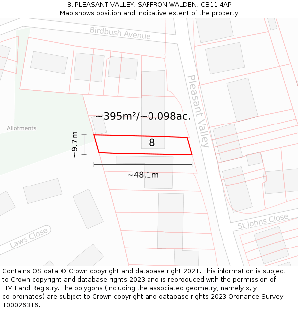 8, PLEASANT VALLEY, SAFFRON WALDEN, CB11 4AP: Plot and title map