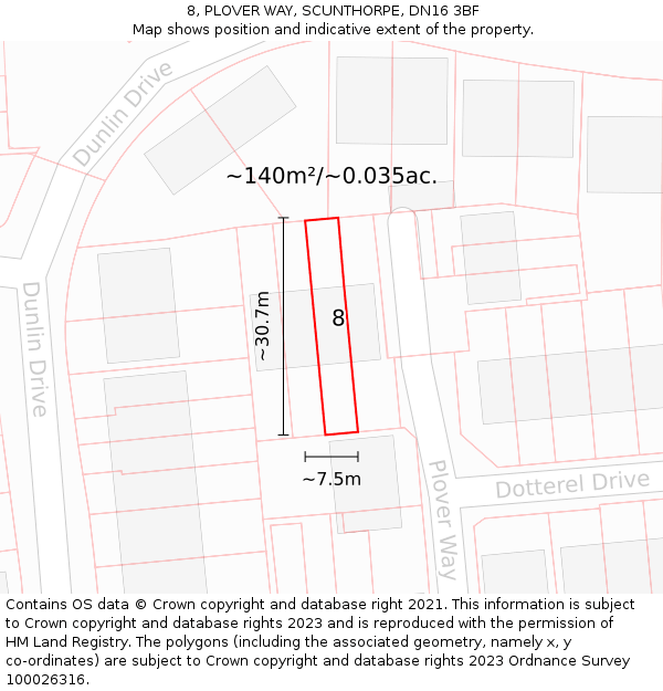 8, PLOVER WAY, SCUNTHORPE, DN16 3BF: Plot and title map