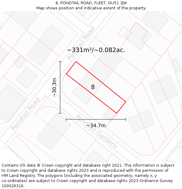 8, PONDTAIL ROAD, FLEET, GU51 3JW: Plot and title map